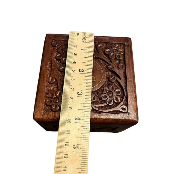 Floral Carved Wooden Box False Bottom Brass Inlay India  Stash Secret - Picture 4 of 8